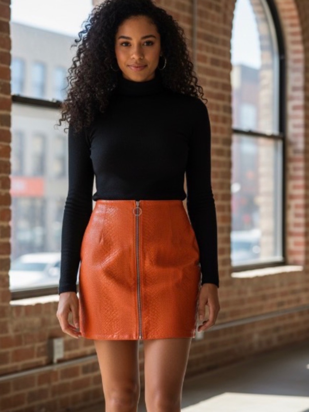 One by One Orange Faux Snakeskin Mini Skirt | Exposed Zip | Medium
